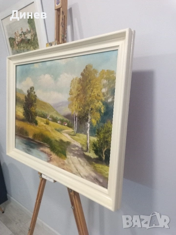 Стара маслена картина "Пейзаж с брези" – 78х59 см | Подписана, снимка 2 - Картини - 53438912