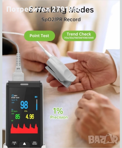 HealthTree пръстов монитор за насищане с кислород в кръвта със SpO2 и пулс Bluetooth пулсоксиметър , снимка 5 - Други - 52342468
