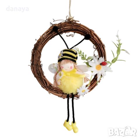 4731 Великденски венец с декорация момиче пчеличка, 15 см, снимка 1 - Декорация за дома - 45427111