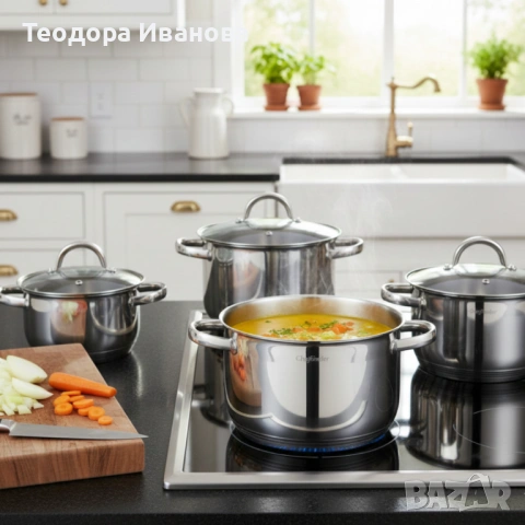 Комплект тенджери Cheffinger – 8 части инокс с капаци, за всички видове котлони, снимка 2 - Други - 53112040