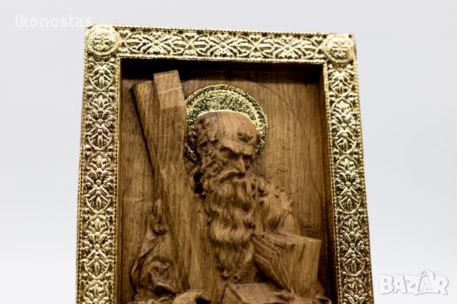 Позлатена релефна икона на Свети Андрей Първозвани от масивен дъб - 9 карата, снимка 5 - Икони - 46006508
