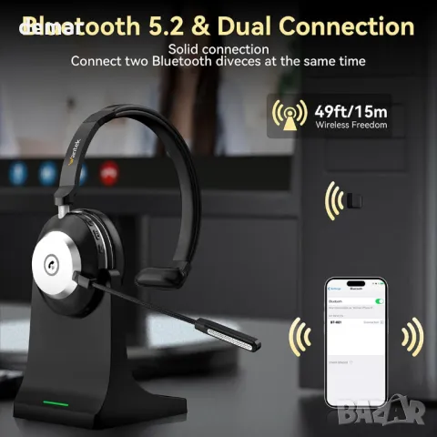 Bluetooth слушалка с микрофон с шумопотискане, USB адаптер, зарядна станция, снимка 6 - Bluetooth слушалки - 50356960
