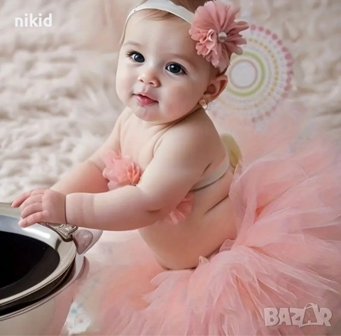 Прасковено кремаво туту пола поличка и лента с пандела за глава за бебе фотосесия фото декор бебешки, снимка 6 - Други - 16700874