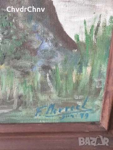 94х74см наивизъм/голяма картина масло върху платно/къща-дървета-река/1979/дървена рамка, снимка 9 - Картини - 50852908