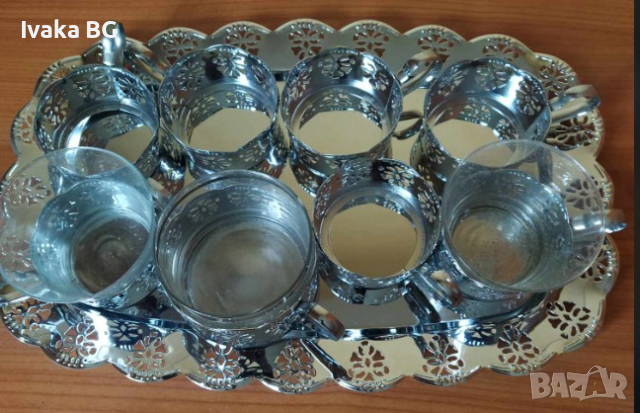 Комплект 6 чаши с подложки и поднос , снимка 5 - Чаши - 44937604