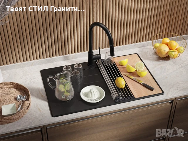 Черна кухненска гранитна мивка Копенхаген 780х500 Top 45, снимка 3 - Мивки - 51139968