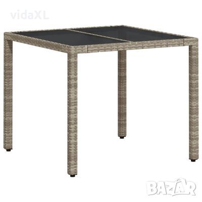 vidaXL Градинска маса със стъклен плот светлосива 90x90x75см полиратан(SKU:368122, снимка 1 - Градински мебели, декорация  - 45732984