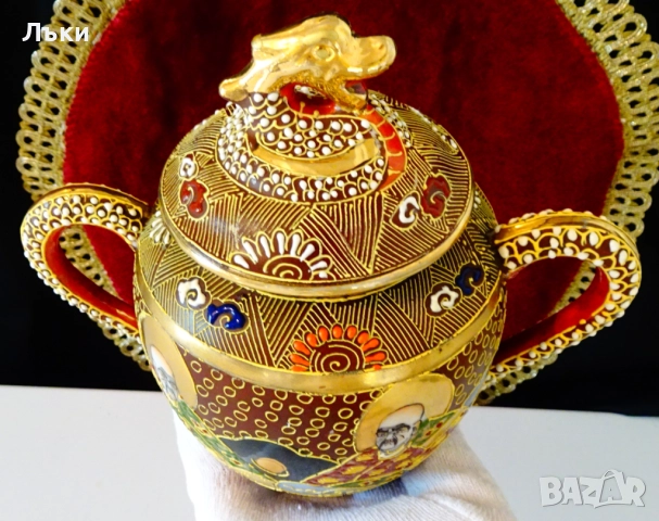 Захарница японски порцелан Satsuma,Дракон,злато,600 мл. , снимка 5 - Антикварни и старинни предмети - 51645333