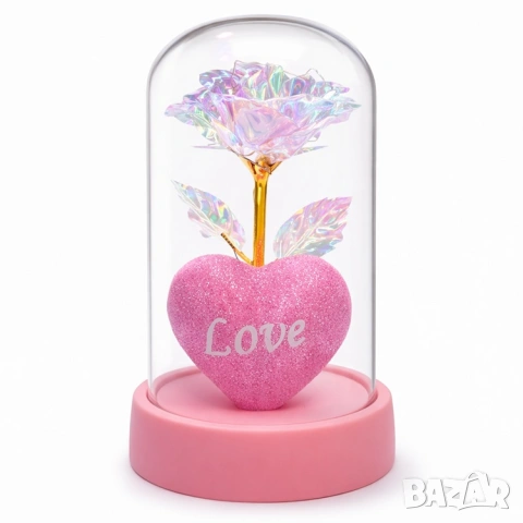 Светеща роза с  сърце с надпис LOVE под прозрачен купол с LED светлини, снимка 4 - Романтични подаръци - 53110269