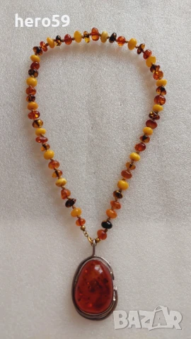 Дамско сребърно колие с кехлибар и кехлибарен ланец,златна 4к.карабина,сребро 925, снимка 1