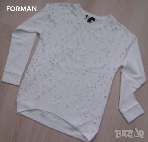 Памучна снежнобяла блуза с накъсан ефект и с леко удължен гръб, снимка 2 - Тениски - 45216087