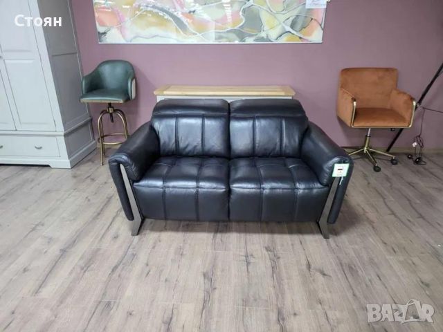 Черен кожен диван двойка с подвижни облегалки, снимка 1 - Дивани и мека мебел - 45904132