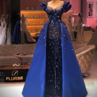 Бална рокля с 3 Д апликация с шлейф в турско синьо, снимка 1 - Рокли - 45156377