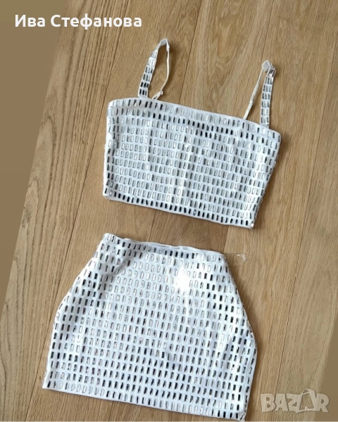 Нов бял еластичен елеганен парти официален коктейлен сет комплект костюм блестящи камъни диаманти , снимка 1