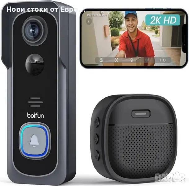 Безжичен звънец BOIFUN 2K-HD без абонамент, 166° интелигентен видео звънец,, снимка 1