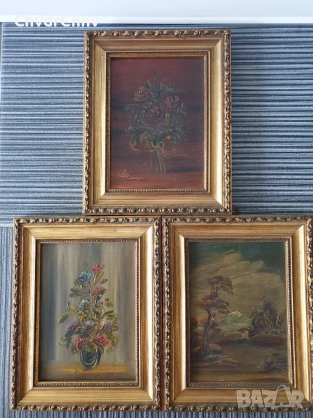 24x19см/3бр малки стари картини масло върху метал-медно фолио/дървена рамка, снимка 1