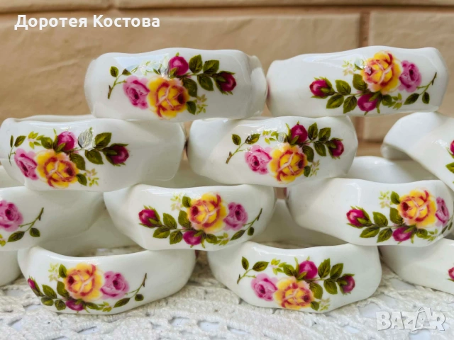 Красиви 12 пръстена от Англия от костен порцелан с рози , снимка 3 - Антикварни и старинни предмети - 53701848