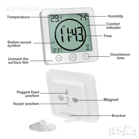 Водоустойчив дигитален часовник с термометър влагомер и таймер за баня LED електронен електронен, снимка 6 - Други - 51039938