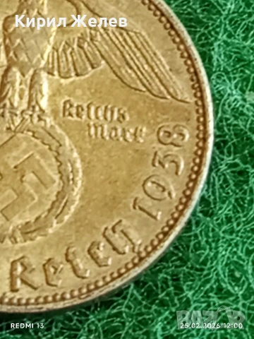 Сребърна монета 2 райхсмарки 1938г. Германия Трети Райх с Свастика за КОЛЕКЦИОНЕРИ 51266, снимка 4 - Нумизматика и бонистика - 53616326