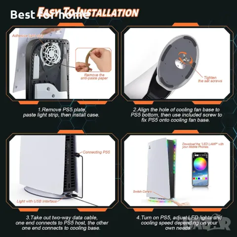 Стойка за охлаждащ вентилатор за PS5 с RGB светлина, снимка 6 - Друга електроника - 50082512