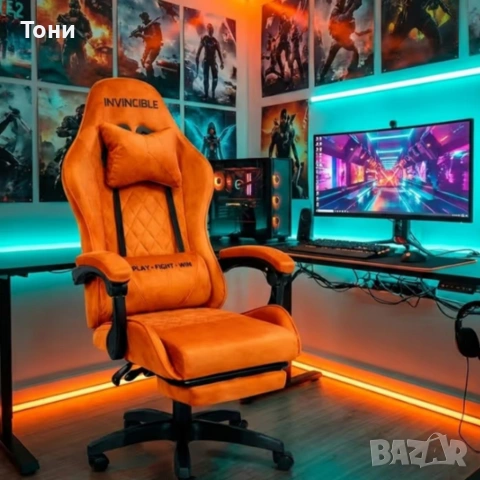Оранжев велурен геймърски стол с поставка за крака – ергономичен, метална рамка, снимка 2 - Столове - 53239996