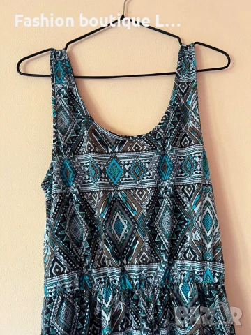 Тюркоазена рокля с ластик в талията и подплата на геометрични фигури тип индианска плетка 👗 , снимка 2 - Рокли - 51180850