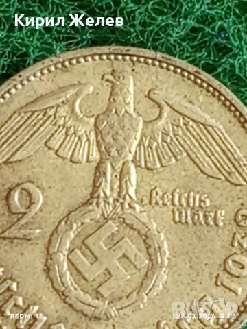 Сребърна монета 2 райхсмарки 1938г. Германия Трети Райх с Свастика за КОЛЕКЦИОНЕРИ 49943, снимка 3 - Нумизматика и бонистика - 53616206