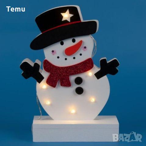 Светеща коледна украса във формата на снежен човек 25 см. Дървена LED декорация снежен човек с 6 LED, снимка 1 - Декорация за дома - 46435937