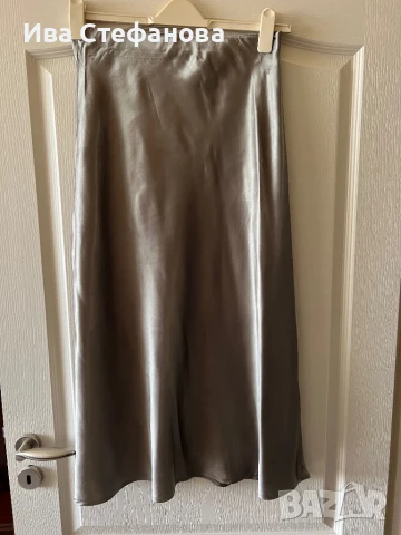 Нова дълга маслено зелена  елегантна пола тип русалка сатен сатенена, снимка 6 - Поли - 49874842