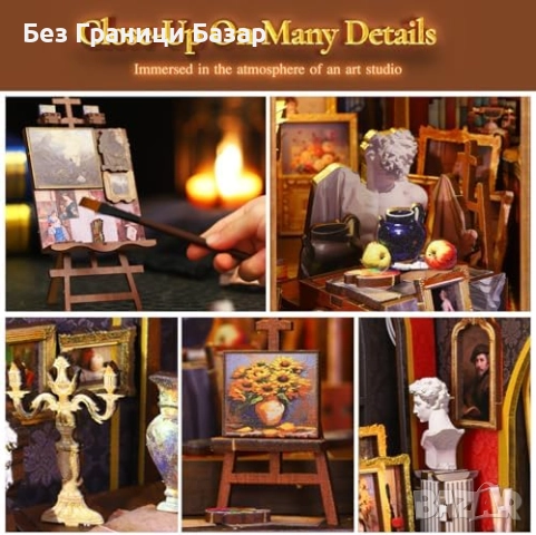 Нова DIY миниатюрна къща арт студио с LED светлина 3D дървен пъзел, снимка 6 - Други - 52821846