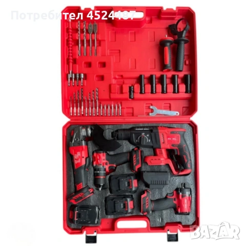 Комплект 4 в 1 акумулаторен перфоратор, гайковерт, винтоверт и ъглошлайф 36V 8A, снимка 4 - Куфари с инструменти - 53787133