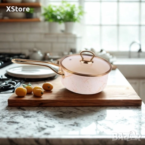 Касерола с капак Goldmann 16x8см. 1.5л./18x9см. 2л. Емайл. Индукция. Бял/Старо злато, снимка 3 - Съдове за готвене - 52507426