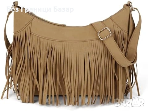 Нова Кросбоди дамска чанта с ресни еко велур регулируема в бохо стил 