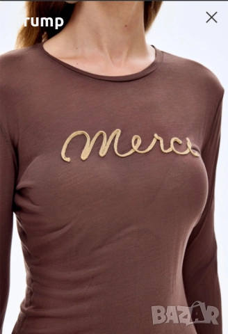 Нежна блуза, фина мрежеста материя, 3д надпис Merci , снимка 3 - Блузи с дълъг ръкав и пуловери - 52317265