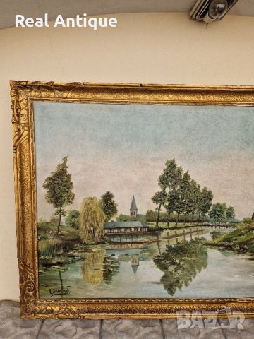 Стара огромна холандска антикварна авторска картина масло върху платно , снимка 3 - Антикварни и старинни предмети - 45843183