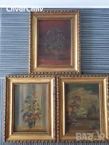 24x19см/3бр малки стари картини масло върху метал-медно фолио/дървена рамка