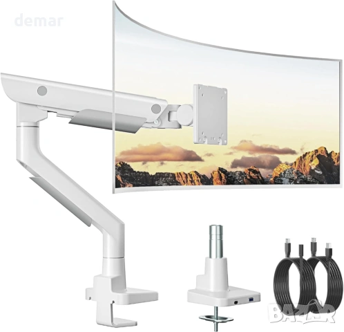 Рамо за монитор monTEK с USB 3.0 A/C, 17–57” до 27 кг, с газова пружина, VESA 75/100, бяло