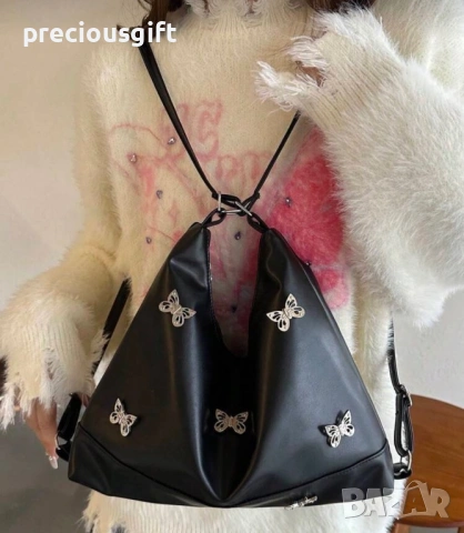 Дамска черна чанта/раница с пеперуди, снимка 5 - Чанти - 53289827