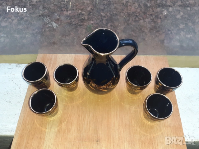 Сервиз за греяна ракия глазирана троянска керамика позлата, снимка 4 - Антикварни и старинни предмети - 53445407