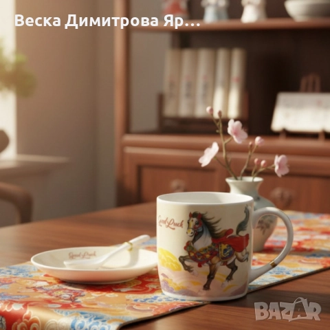 Подаръчен късметлийски порцеланов комплект – чаша, чинийка и лъжичка с празничен дизайн на коне, снимка 2 - Коледни подаръци - 52573850