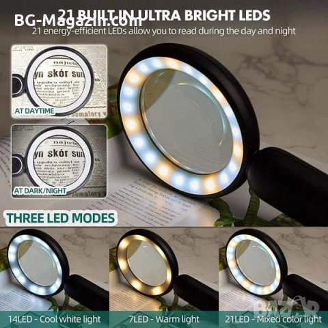 Мощна голяма увеличителна лупа 15X LED осветление стъклена за четене на книга вестник с дръжка лед, снимка 11 - Други инструменти - 50919742