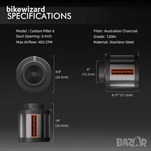 Spider Farmer 150 мм/6 инча Филтър с активен въглен за оранжерия НОВ, снимка 2 - Градинска техника - 51757292