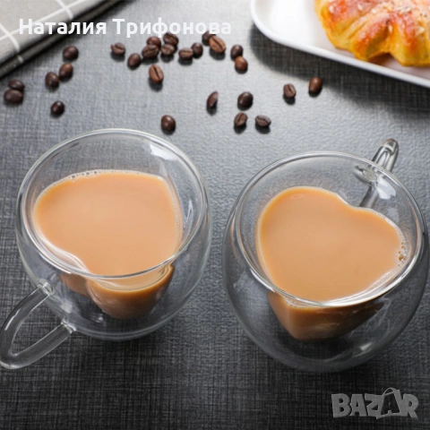 Двустенна стъклена термо чаша във формата на сърце , снимка 2 - Чаши - 54183308