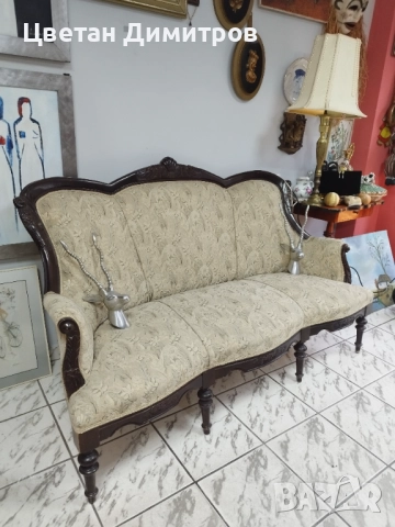 Антикварен френски ръчно резбован бароков диван тройка , снимка 10 - Дивани и мека мебел - 52292688