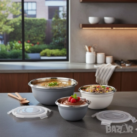 Комплект GOURMETmaxx купи от неръждаема стомана с капаци – 3 в 1 за съхранение и свежест, снимка 3 - Кутии за храна - 52018117