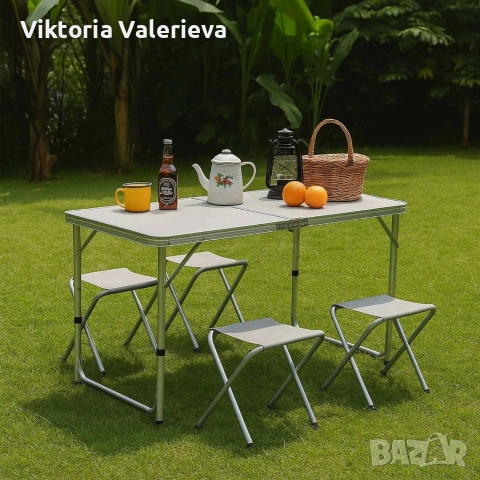 Комплект сгъваема алуминиева маса с 4 стола – идеален за къмпинг, двор и почивка