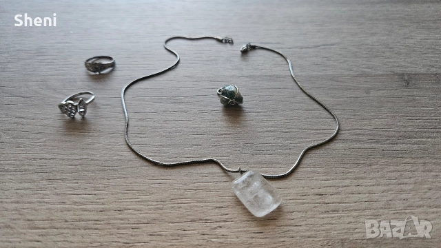 Сребърни бижута, колие, 2 пръстена и 2 висулки с камък, снимка 2 - Колиета, медальони, синджири - 52645223