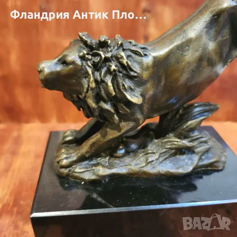 Бронзова скулптура на скачащ лъв върху мраморна основа, снимка 2 - Статуетки - 49648647