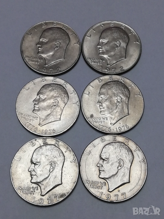 лот от 6 монети 1 долар Айзенхауер 1972,76,77 г., снимка 1