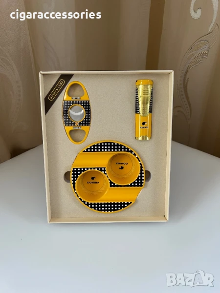 Комплект Cohiba – запалка с 4 пламъка, пънч, ножче и пепелник за пури, снимка 1
